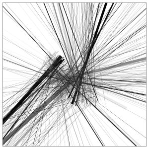 Fig. 3. "Tension Lines," generative digital image, 2019. A chaotic explosion of algorithmically directed lines, exploring density, intersection, and visual motion through minimal encoded inputs.