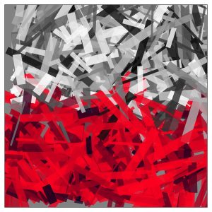 Fig. 1. "Silent Chaos," generative digital image, 2020. A composition created using randomized red and grayscale strokes to explore tension, density, and motion through layering.